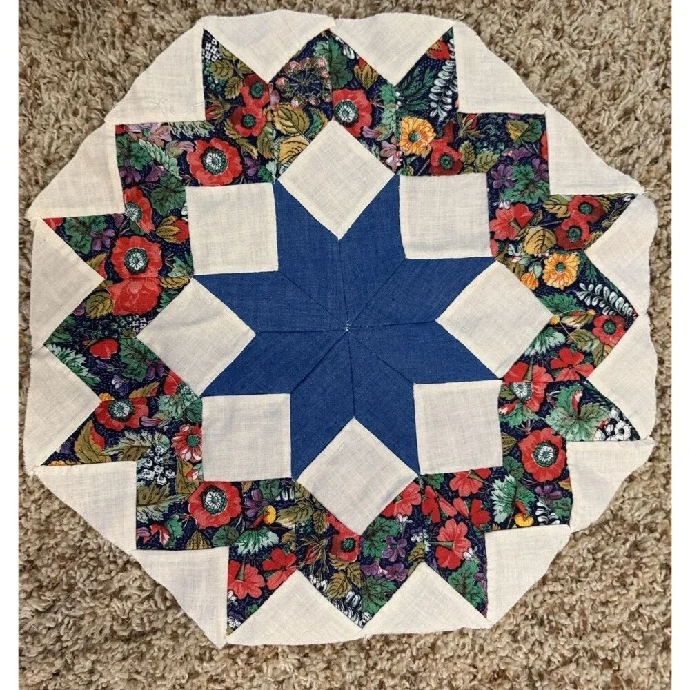 Vintage Hand Pieced Quilt Block Orphan Square 8-Point Star blue/dark floral 14